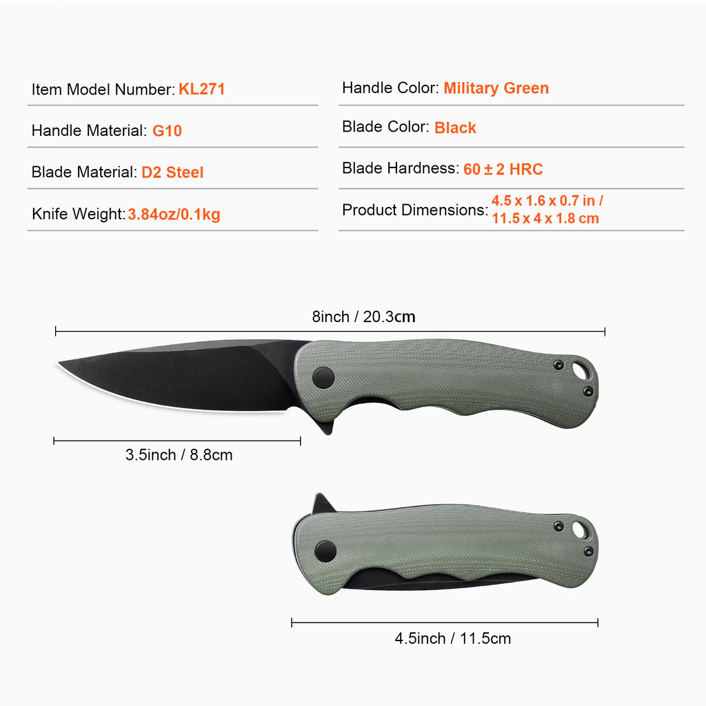 Folding Pocket Knife, 3.5 inch D2 Steel Blade Green G10 Handle EDC Knife with Pocket Clip, Portable Sharp Utility Knife for Camping Hiking Fishing Daily Use