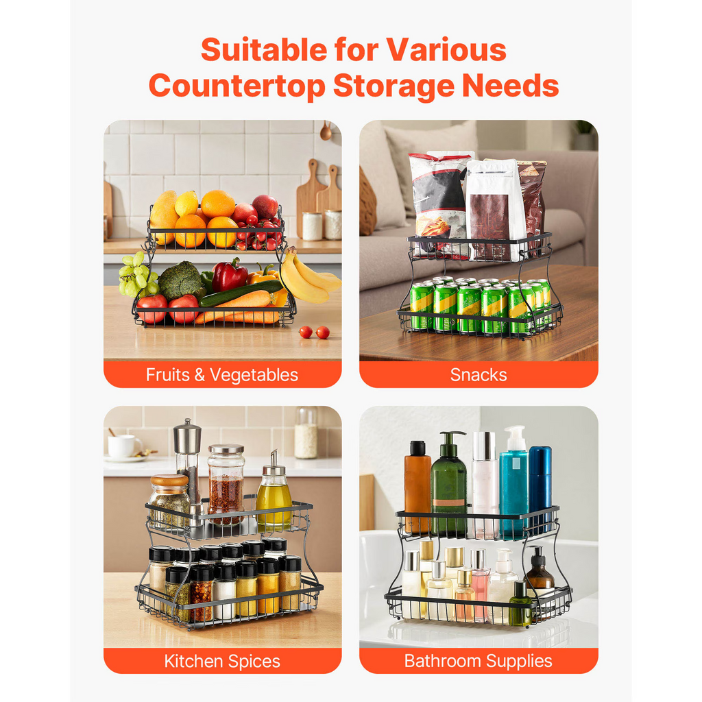 2-Tier Matte Black Iron Wire Countertop Storage Basket Organizer, 15.16×9.06×9.65in Kitchen Bathroom Rack with Base Pads & Hooks, Fruit Snack Holder