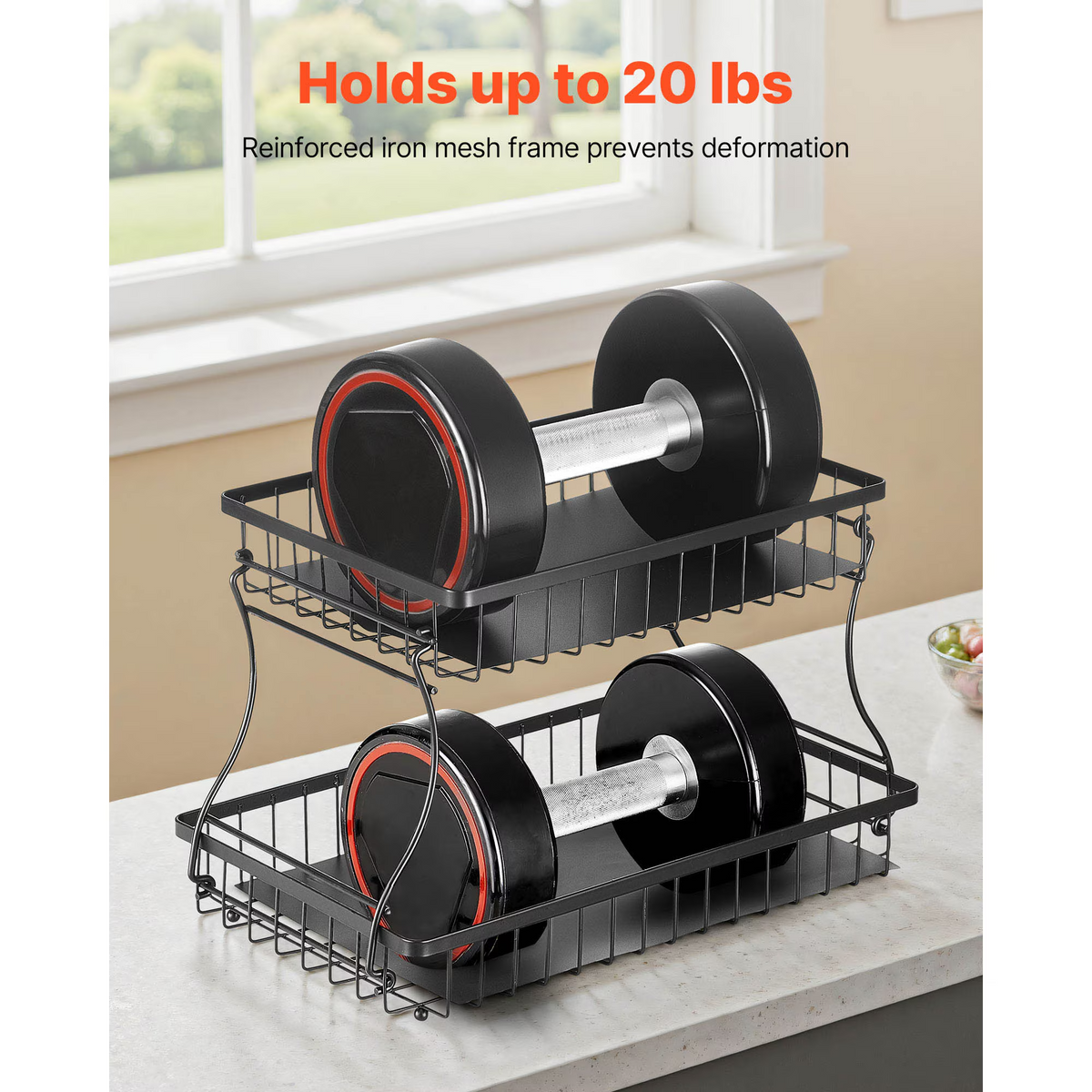 2-Tier Matte Black Iron Wire Countertop Storage Basket Organizer, 15.16×9.06×9.65in Kitchen Bathroom Rack with Base Pads & Hooks, Fruit Snack Holder