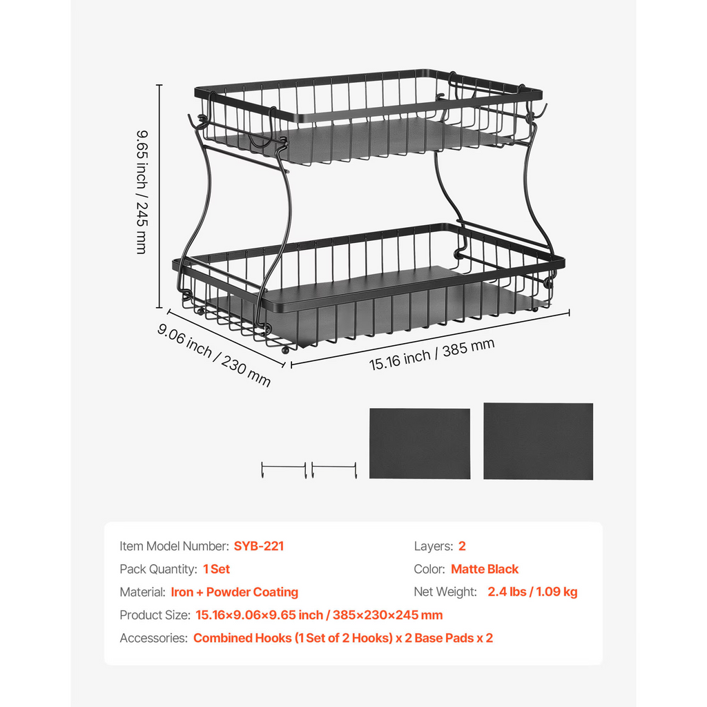 2-Tier Matte Black Iron Wire Countertop Storage Basket Organizer, 15.16×9.06×9.65in Kitchen Bathroom Rack with Base Pads & Hooks, Fruit Snack Holder