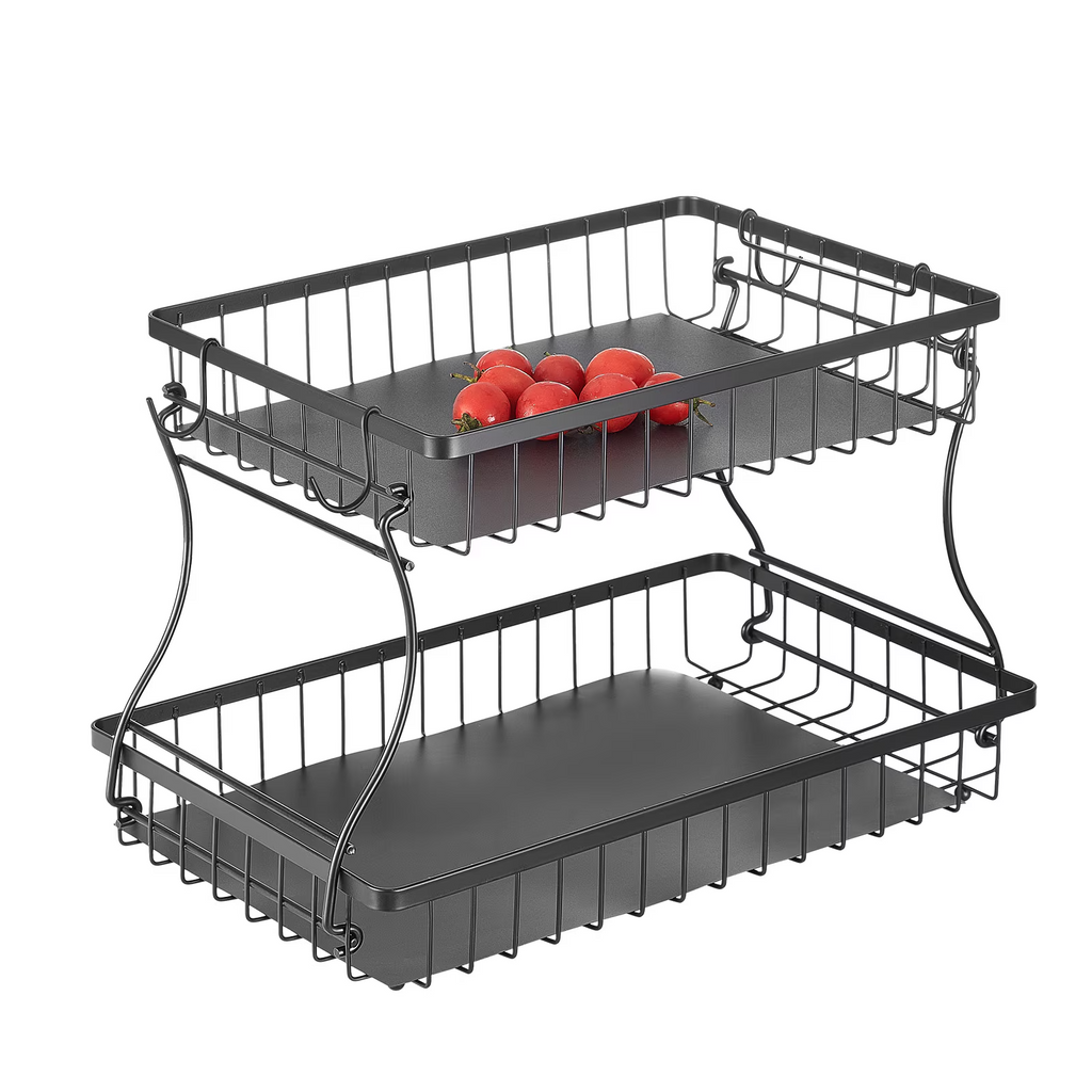 2-Tier Matte Black Iron Wire Countertop Storage Basket Organizer, 15.16×9.06×9.65in Kitchen Bathroom Rack with Base Pads & Hooks, Fruit Snack Holder