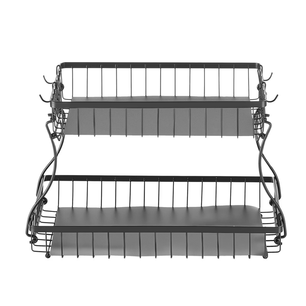 2-Tier Matte Black Iron Wire Countertop Storage Basket Organizer, 15.16×9.06×9.65in Kitchen Bathroom Rack with Base Pads & Hooks, Fruit Snack Holder