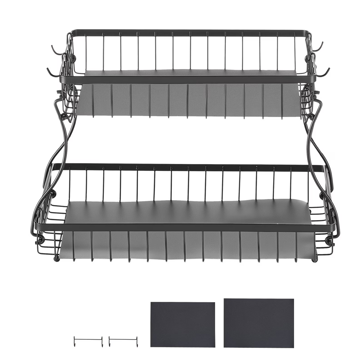 2-Tier Matte Black Iron Wire Countertop Storage Basket Organizer, 15.16×9.06×9.65in Kitchen Bathroom Rack with Base Pads & Hooks, Fruit Snack Holder