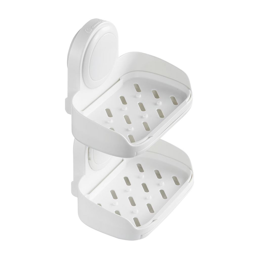 2-Tier Suction Cup Soap Dish Holder with Drain Trays, Wall-Mounted Shower Soap Organizer, White