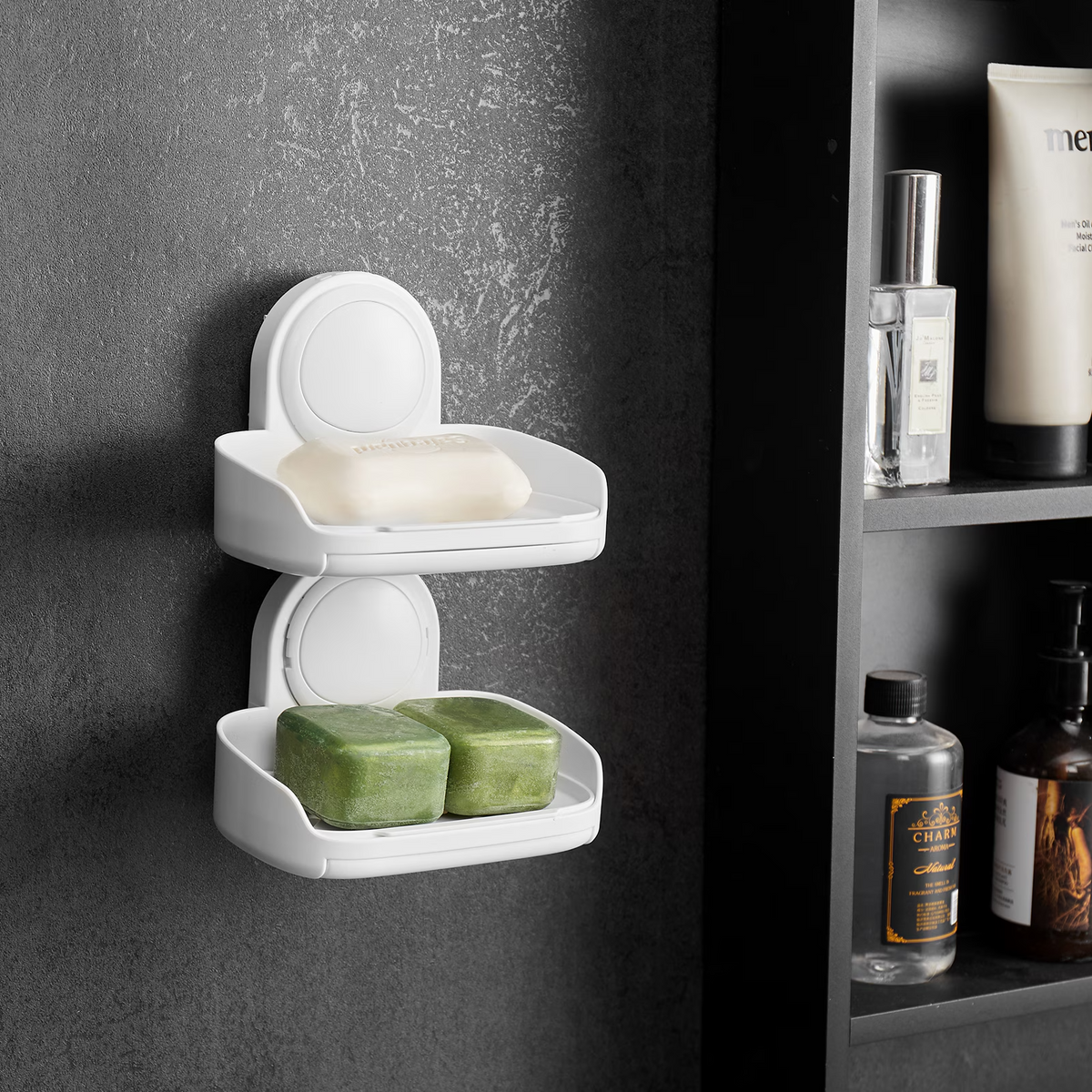 2-Tier Suction Cup Soap Dish Holder with Drain Trays, Wall-Mounted Shower Soap Organizer, White