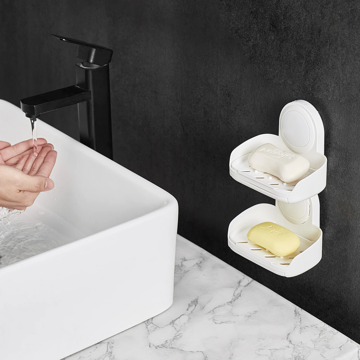 2-Tier Suction Cup Soap Dish Holder with Drain Trays, Wall-Mounted Shower Soap Organizer, White