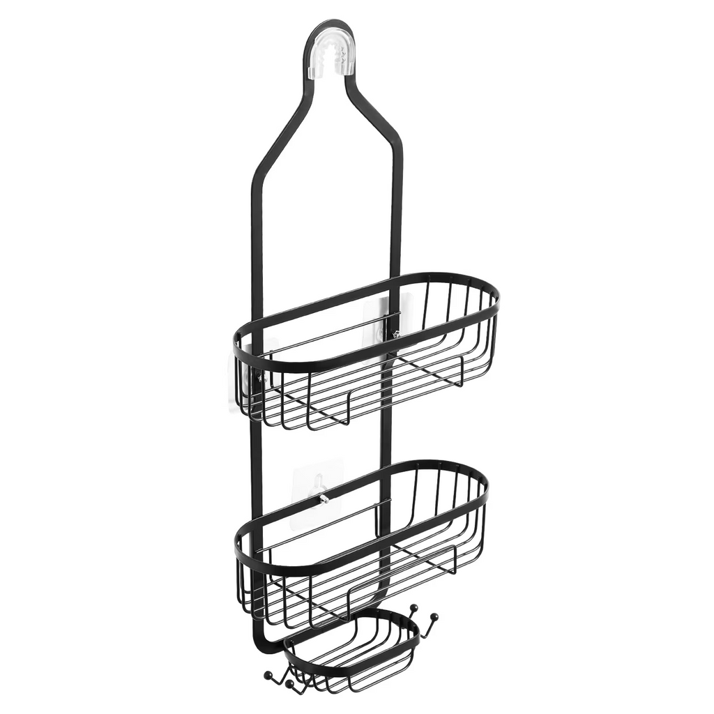 3-Tier Hanging Shower Caddy with Hooks & Soap Dish, Metal Bathroom Organizer, Self-Adhesive Wall Mount, Black