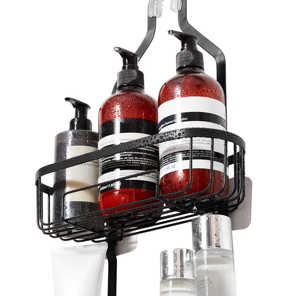 3-Tier Hanging Shower Caddy with Hooks & Soap Dish, Metal Bathroom Organizer, Self-Adhesive Wall Mount, Black