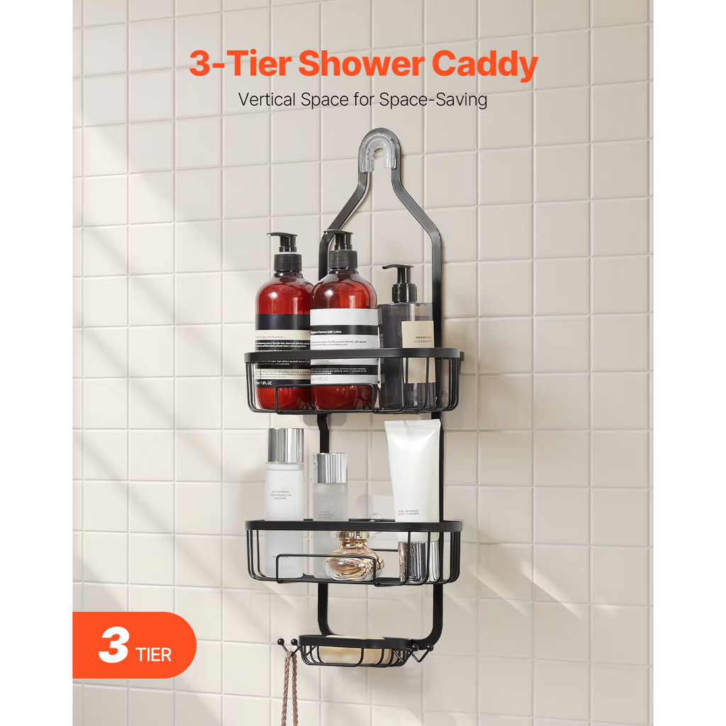 3-Tier Hanging Shower Caddy with Hooks & Soap Dish, Metal Bathroom Organizer, Self-Adhesive Wall Mount, Black