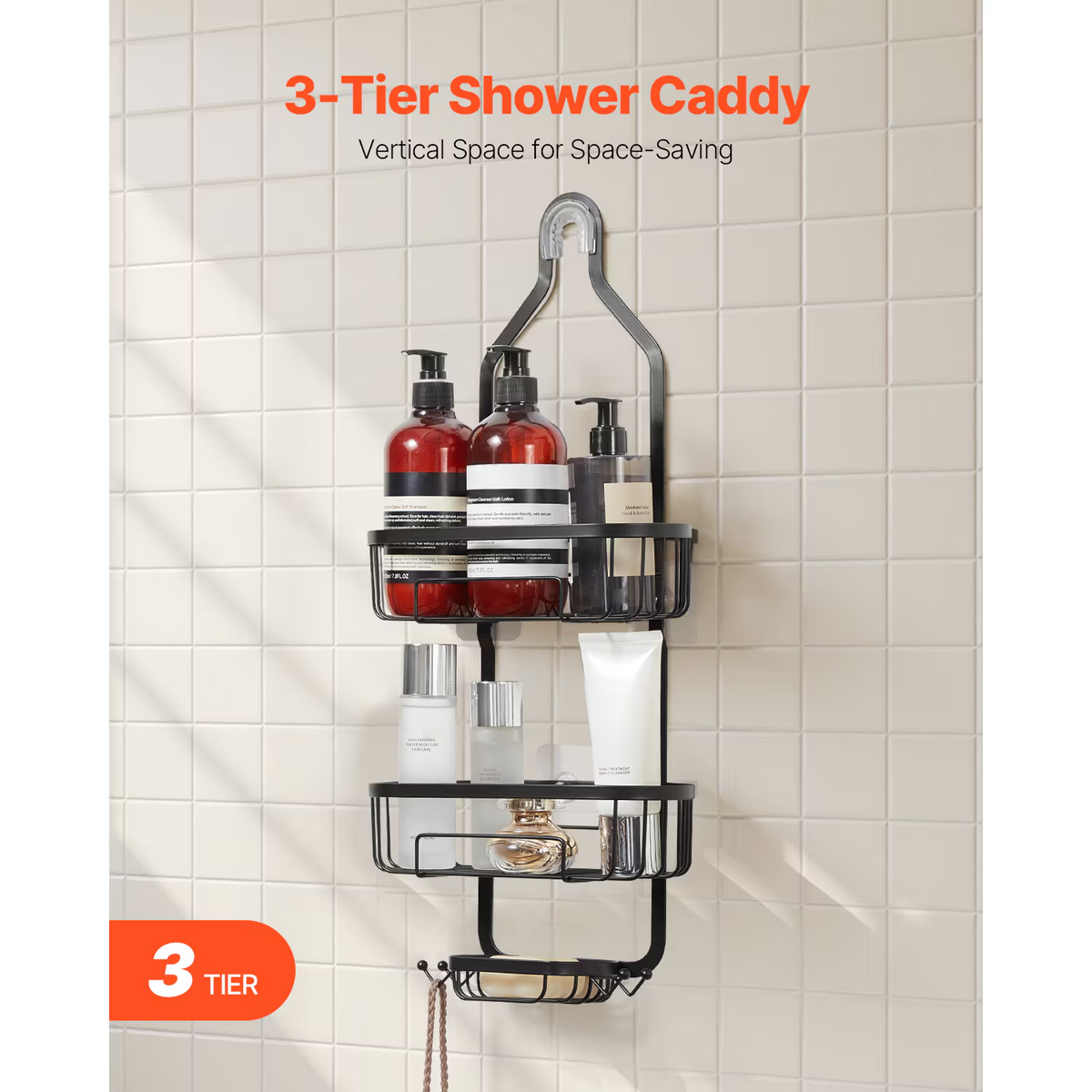 3-Tier Hanging Shower Caddy with Hooks & Soap Dish, Metal Bathroom Organizer, Self-Adhesive Wall Mount, Black