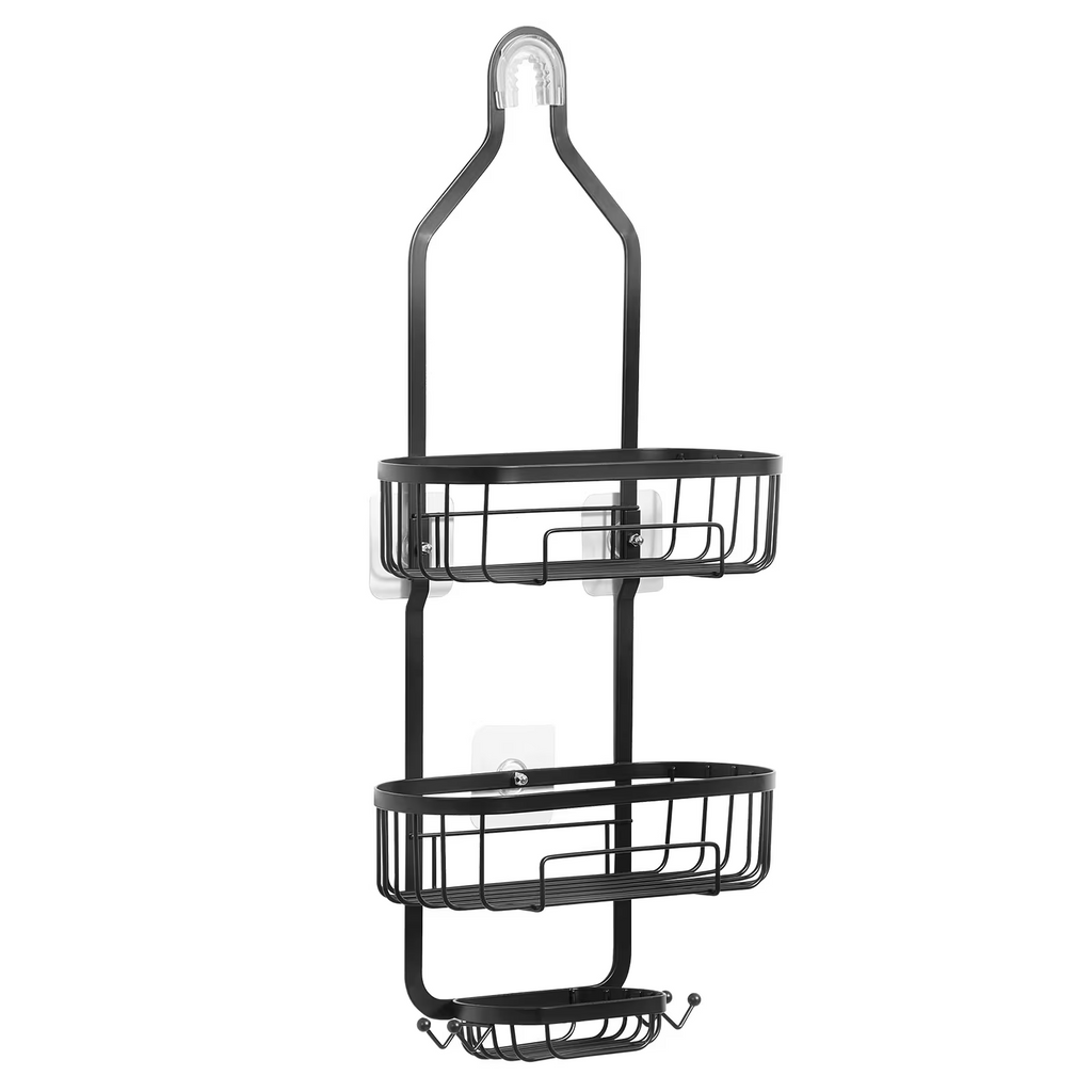 3-Tier Hanging Shower Caddy with Hooks & Soap Dish, Metal Bathroom Organizer, Self-Adhesive Wall Mount, Black