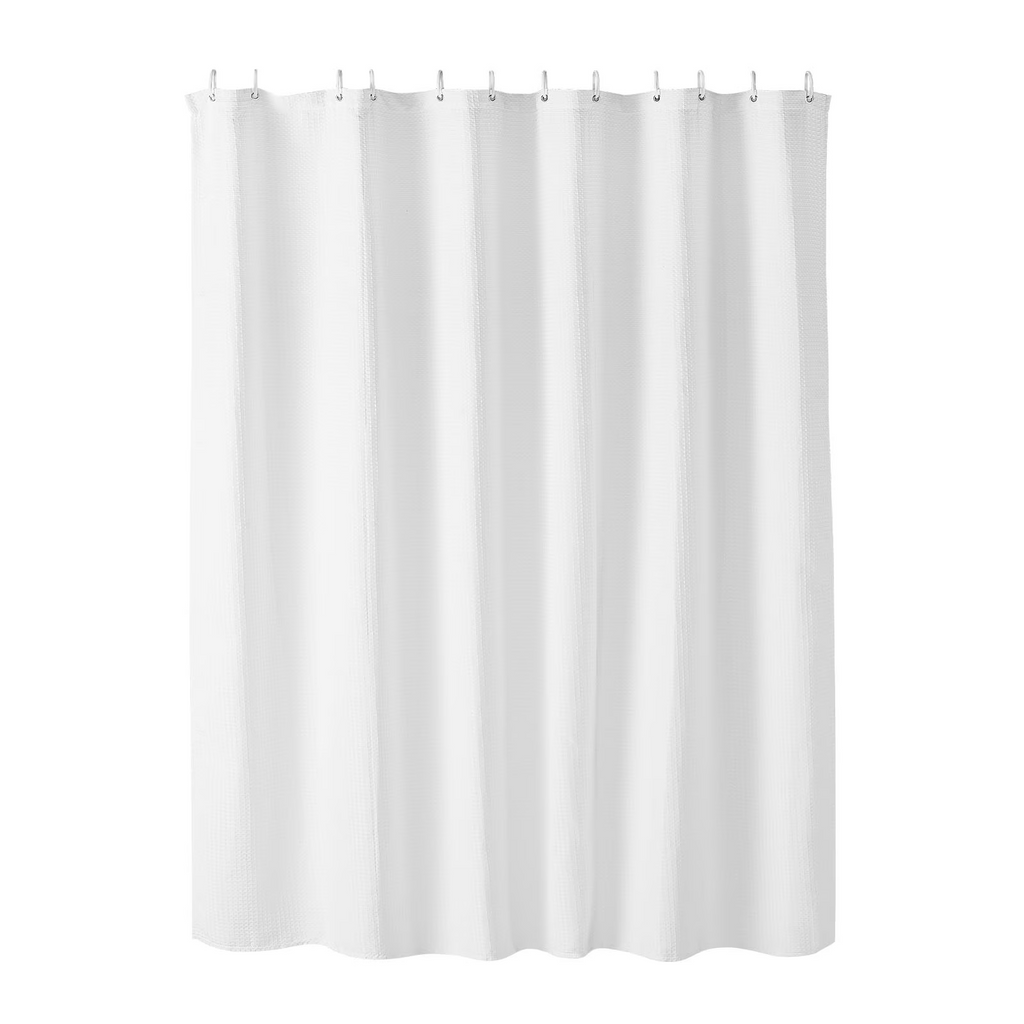 White Fabric Shower Curtain, 240 GSM Weighted Waffle Shower Curtains, Polyester Curtain with Rust-Resistant Hooks, , for Bathroom Showers