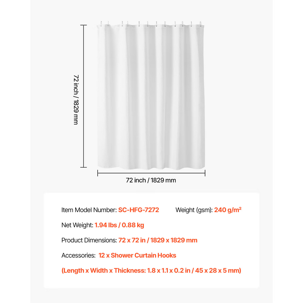 White Fabric Shower Curtain, 240 GSM Weighted Waffle Shower Curtains, Polyester Curtain with Rust-Resistant Hooks, , for Bathroom Showers