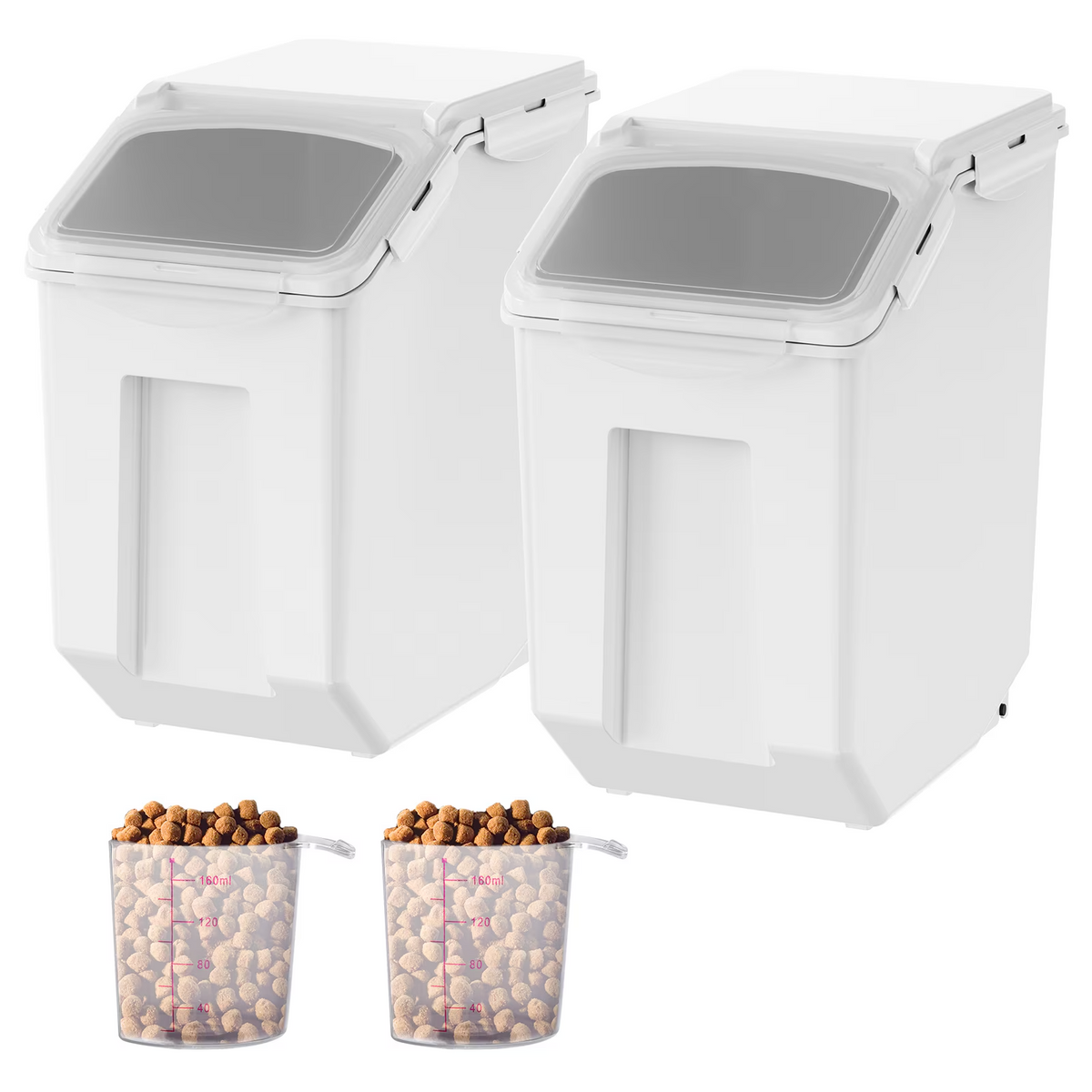 2-Pack Large Food Storage Containers with Wheels, Flip-Top Lids & Measuring Cups, White, 8.7" x 13.6" x 14.4"