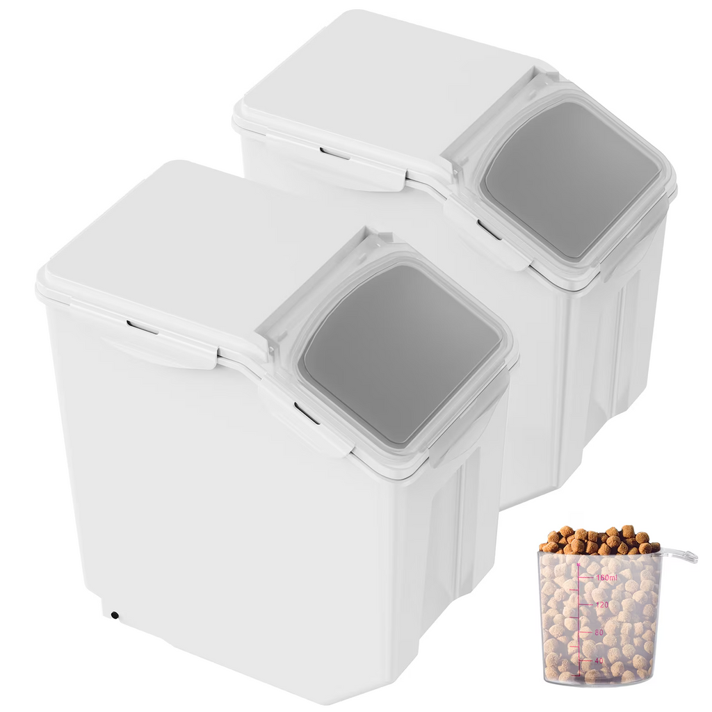 2-Pack Large Food Storage Containers with Wheels, Flip-Top Lids & Measuring Cups, White, 8.7" x 13.6" x 14.4"
