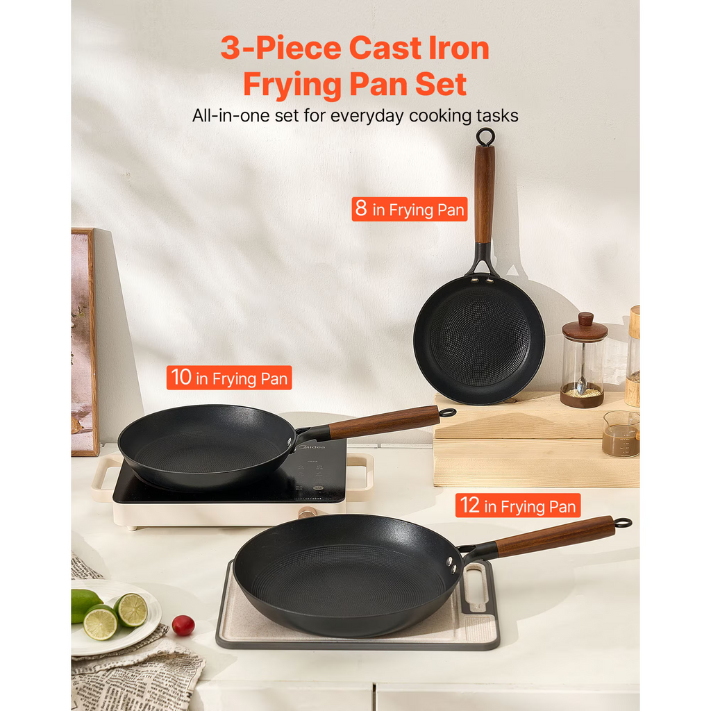 3-Piece Cast Iron Frying Pan Set, 8/10/12 Inch Nonstick Skillets with Wooden Handle, Induction Compatible Cast Iron Pans for Kitchen Cooking