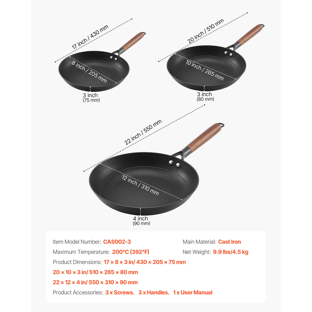 3-Piece Cast Iron Frying Pan Set, 8/10/12 Inch Nonstick Skillets with Wooden Handle, Induction Compatible Cast Iron Pans for Kitchen Cooking
