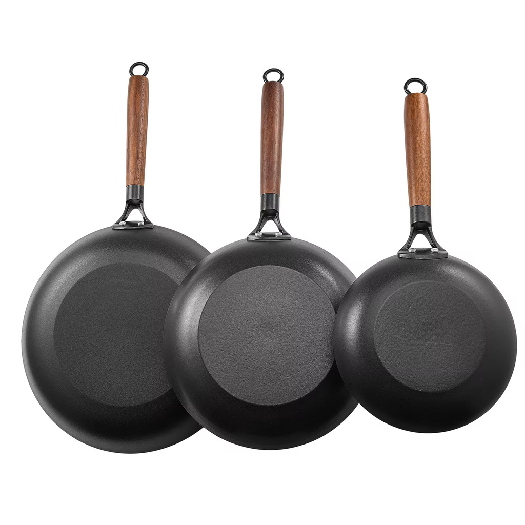 3-Piece Cast Iron Frying Pan Set, 8/10/12 Inch Nonstick Skillets with Wooden Handle, Induction Compatible Cast Iron Pans for Kitchen Cooking