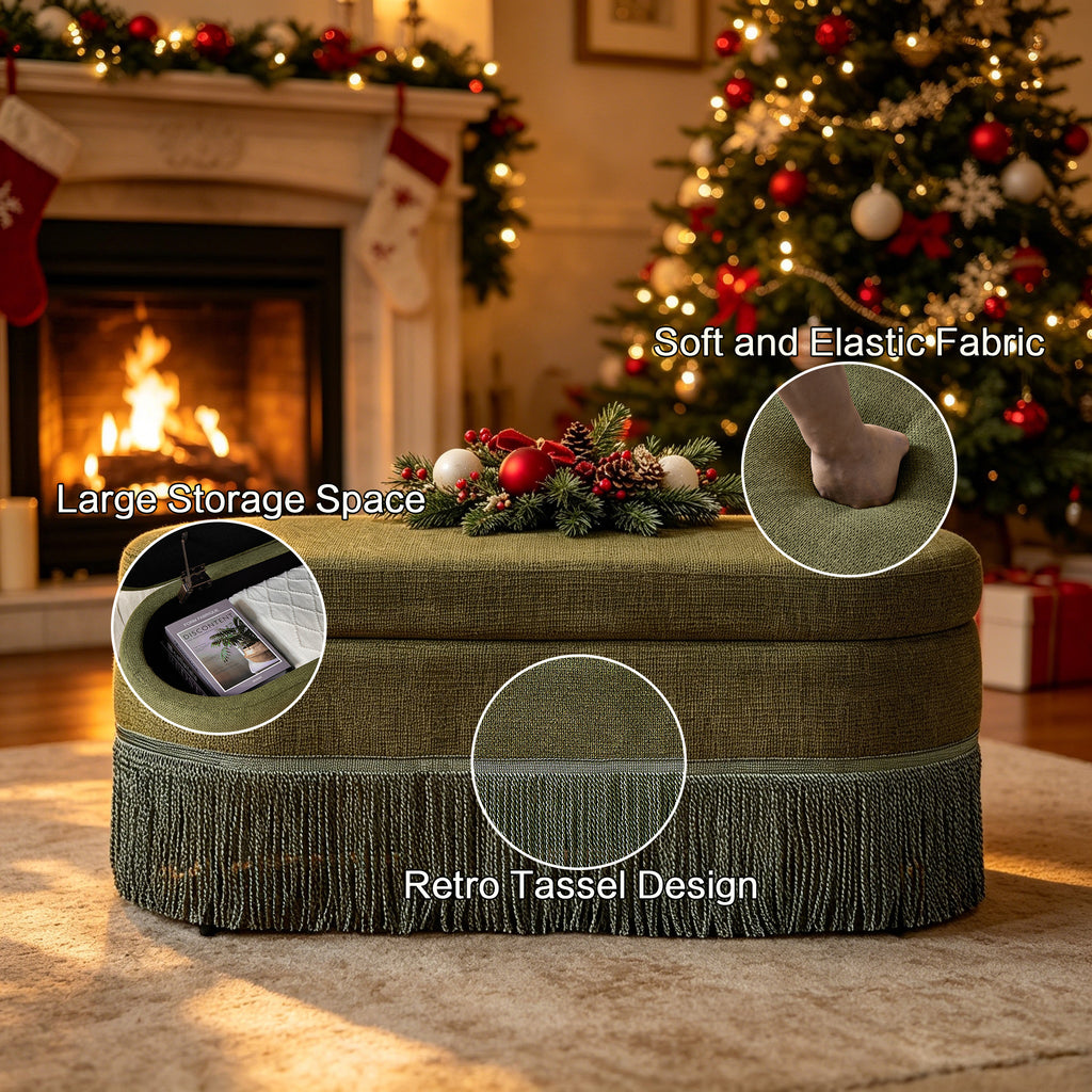 AEELLEEA Green Oval Storage Ottoman with Lift-Top Lid, Fringe Trim, Upholstered Footrest Bench for Bedroom & Living Room, 39.4 in