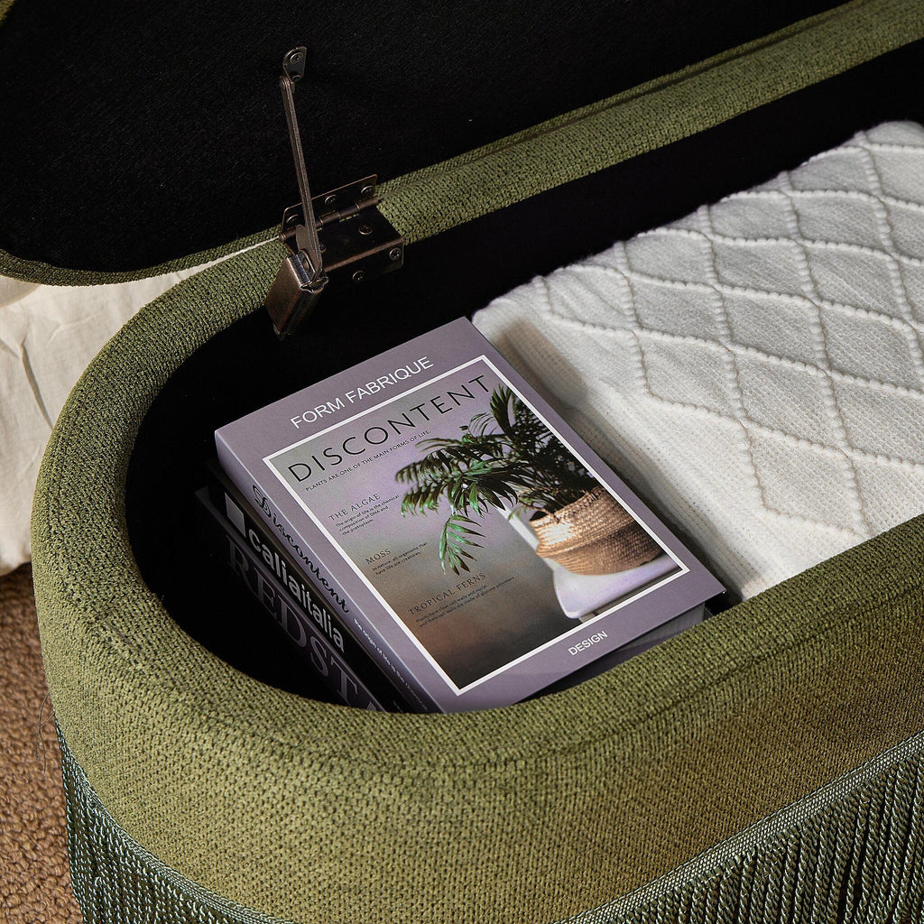 AEELLEEA Green Oval Storage Ottoman with Lift-Top Lid, Fringe Trim, Upholstered Footrest Bench for Bedroom & Living Room, 39.4 in