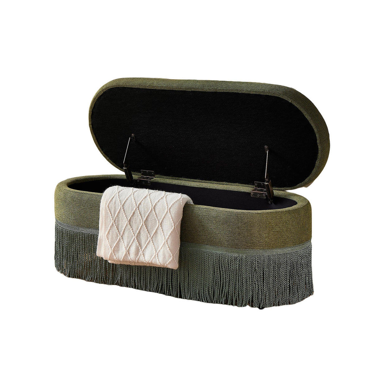 AEELLEEA Green Oval Storage Ottoman with Lift-Top Lid, Fringe Trim, Upholstered Footrest Bench for Bedroom & Living Room, 39.4 in
