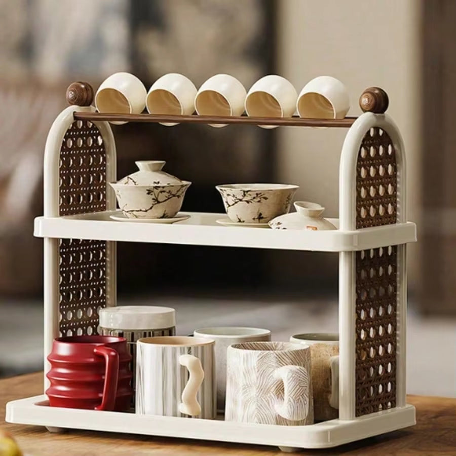 14.01 x 13.18 Inch Double Cup Holder Desktop Storage Rack, Large Capacity Organizer Shelf with Retro Design for Office and Home
