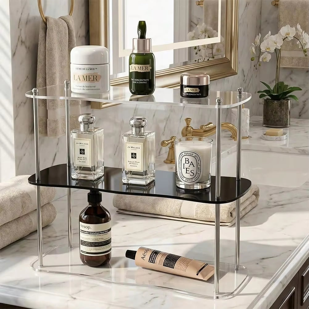 3-Tier Acrylic Storage Rack with Metal Frame, Transparent Desktop Organizer Shelf for Bathroom Cosmetics, Living Room Decor and Home Storage