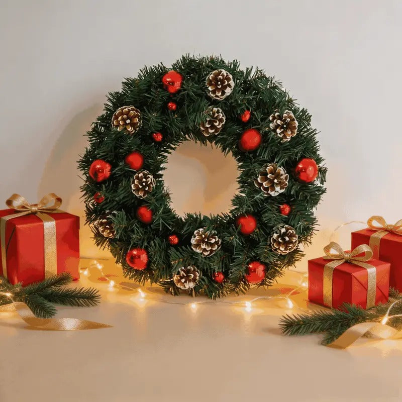 11.8 in Christmas Wreath, Artificial Pine Wreath with Pine Cones and Red Christmas Balls, Decorative Hanging Door Wreath for Home Decor