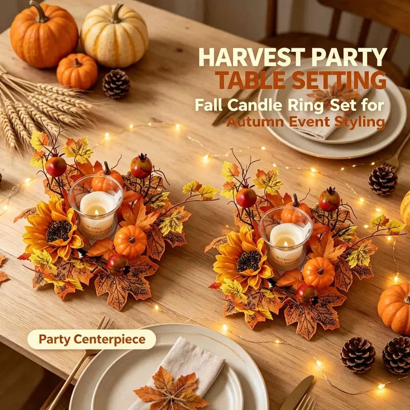 3-Piece Fall Candle Ring Set, Maple Leaf, Sunflower and Pumpkin Wreaths, Berry Leaf Pillar Candle Holders, Table Decor
