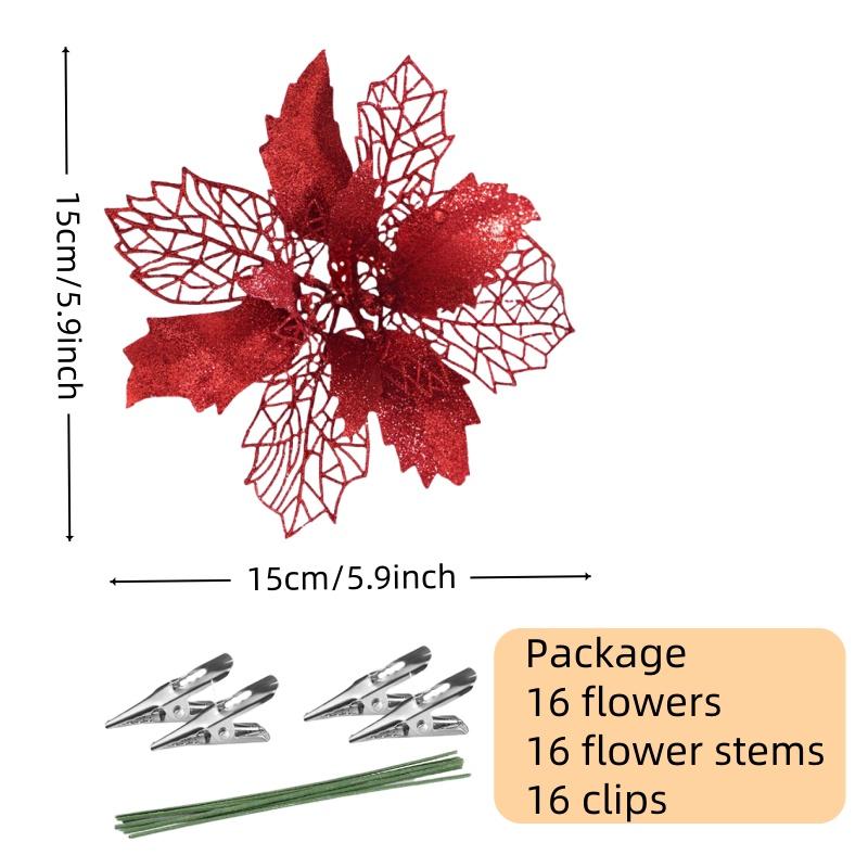 16-Piece 5.9 in Red Glitter Poinsettia Flowers, Clip-On Artificial Christmas Tree Ornaments, Floral Decor for Garland and Home