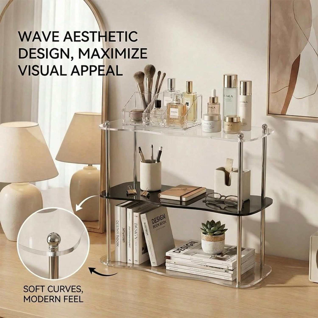 3-Tier Acrylic Storage Rack with Metal Frame, Transparent Desktop Organizer Shelf for Bathroom Cosmetics, Living Room Decor and Home Storage