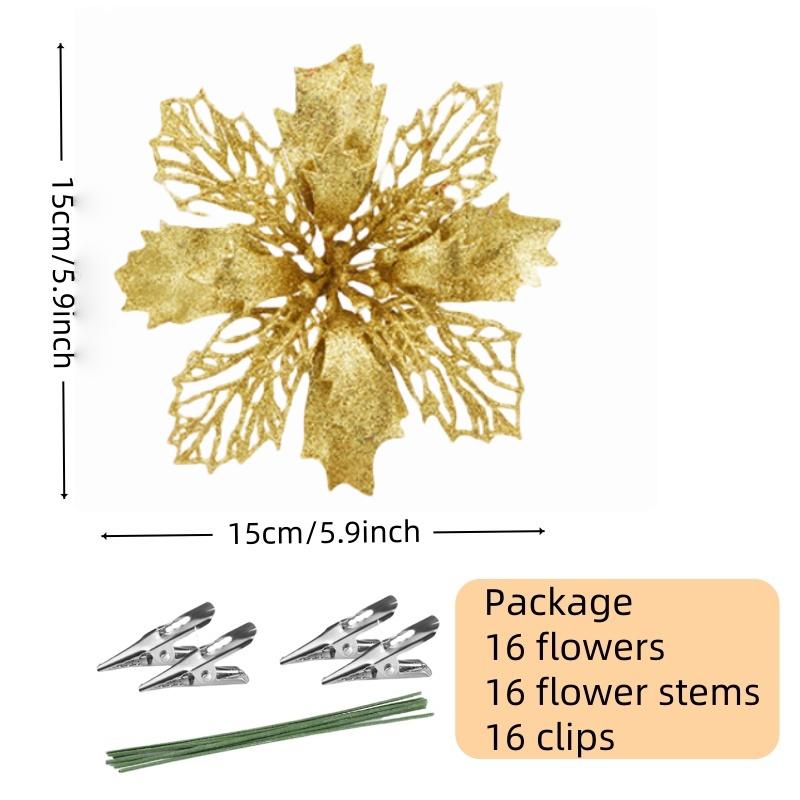 16-Piece 5.9 in Red Glitter Poinsettia Flowers, Clip-On Artificial Christmas Tree Ornaments, Floral Decor for Garland and Home