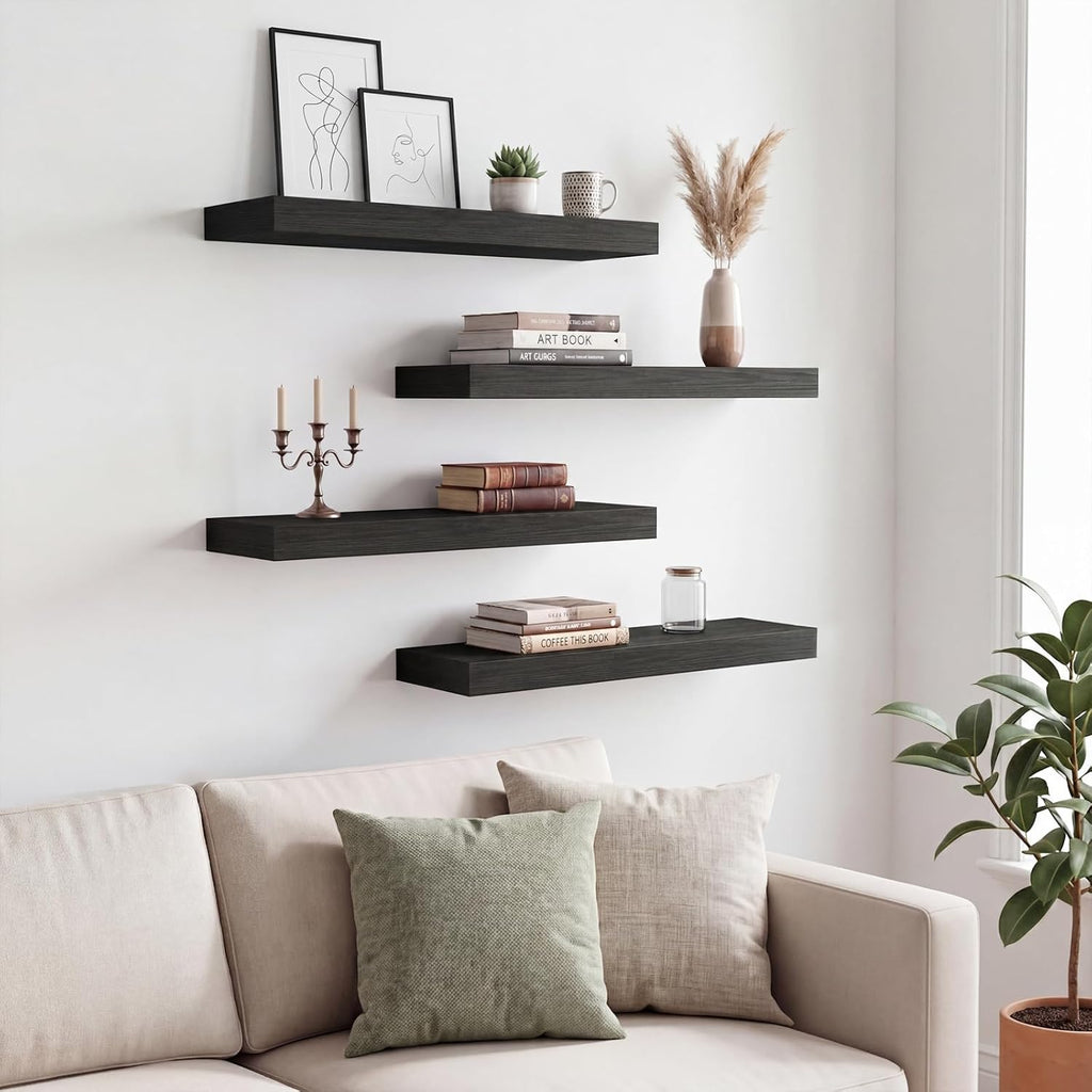 4-Pack 15.8-Inch Floating Wall Shelves, Black Embossed Wood Grain MDF Boards with Iron Brackets for Home Décor and Display