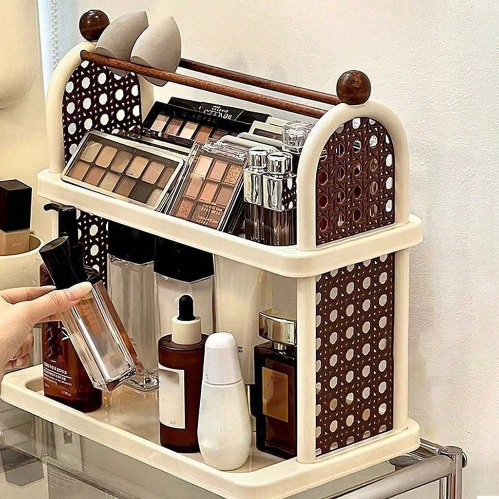 14.01 x 13.18 Inch Double Cup Holder Desktop Storage Rack, Large Capacity Organizer Shelf with Retro Design for Office and Home