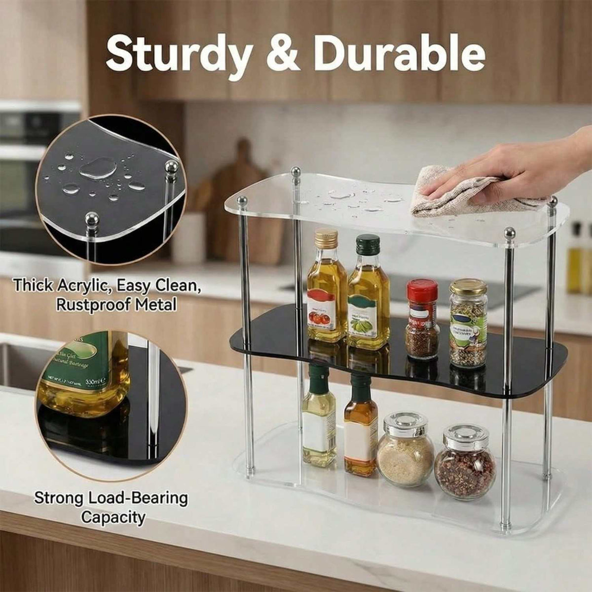 3-Tier Acrylic Storage Rack with Metal Frame, Transparent Desktop Organizer Shelf for Bathroom Cosmetics, Living Room Decor and Home Storage