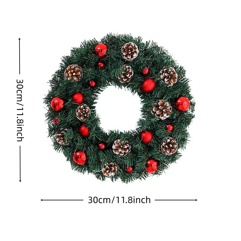 11.8 in Christmas Wreath, Artificial Pine Wreath with Pine Cones and Red Christmas Balls, Decorative Hanging Door Wreath for Home Decor