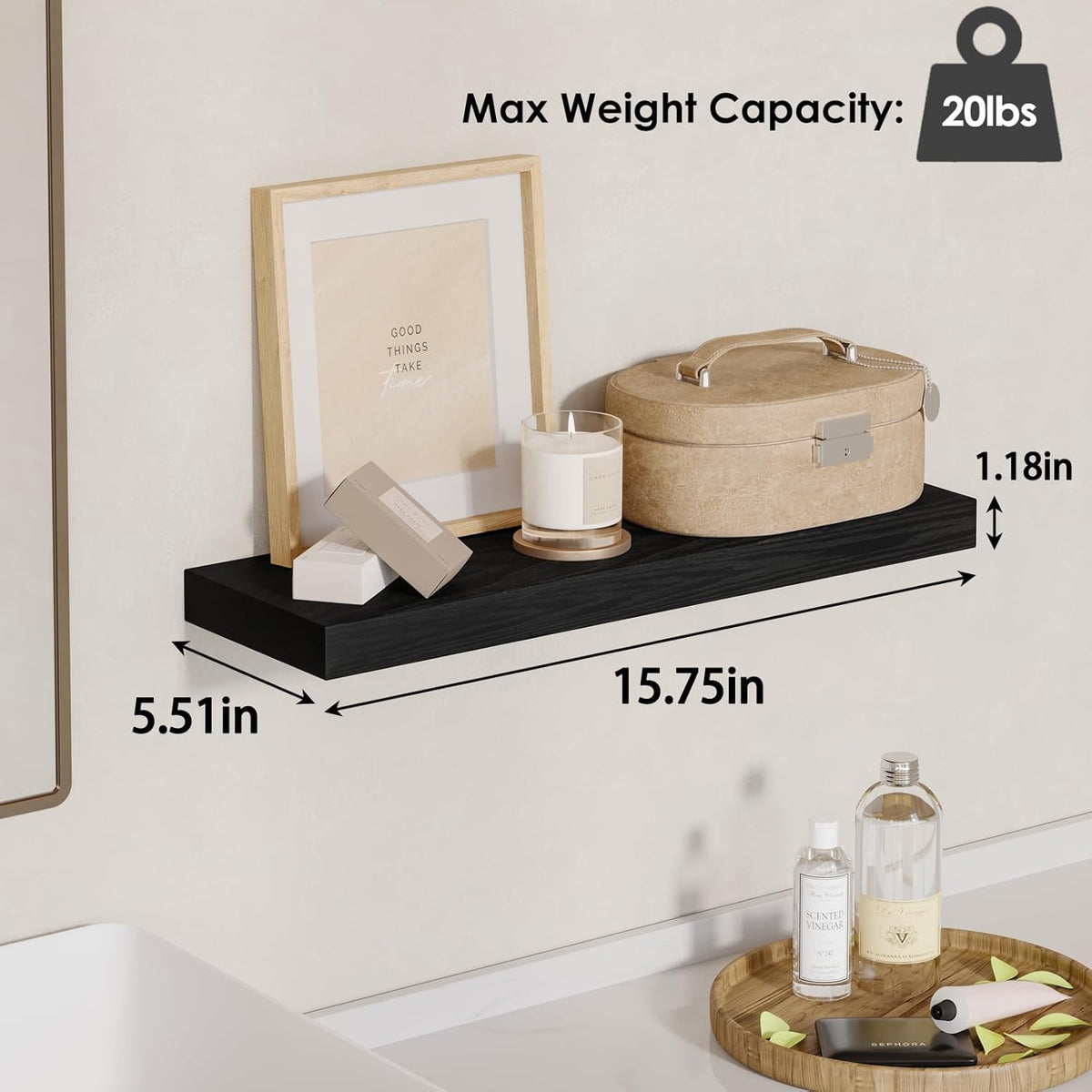 4-Pack 15.8-Inch Floating Wall Shelves, Black Embossed Wood Grain MDF Boards with Iron Brackets for Home Décor and Display