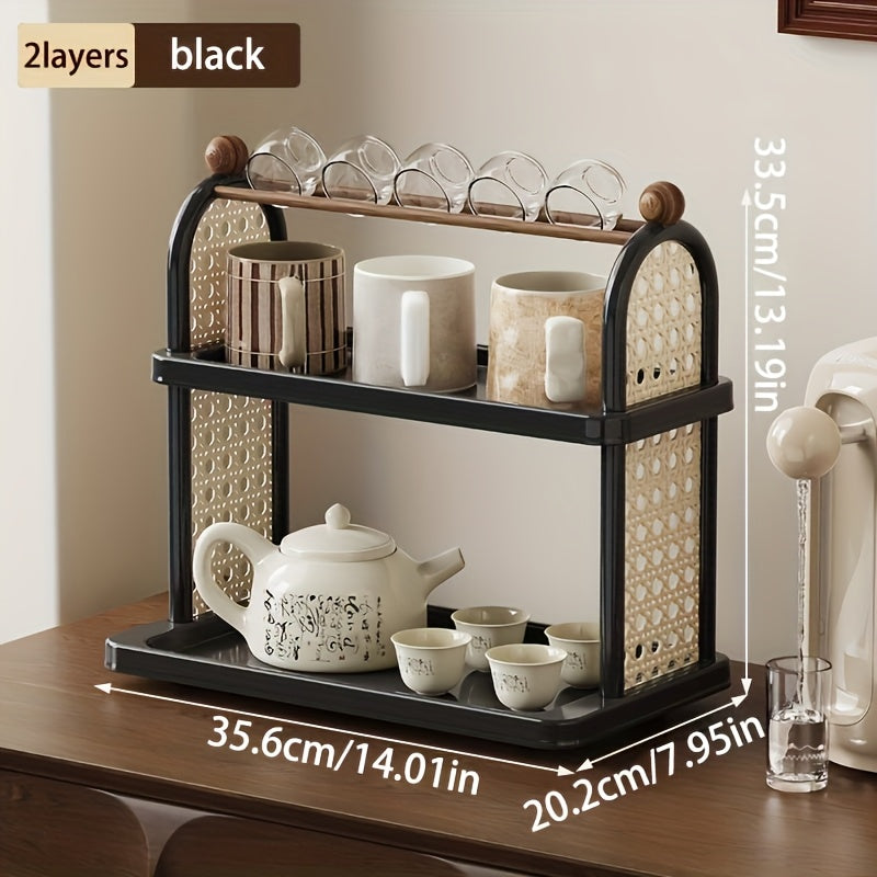 Double Cup Holder Desktop Storage Rack, Large Capacity Organizer Shelf with Hollow Retro Design for Office, Desk and Home, 14.01 x 13.18 Inch