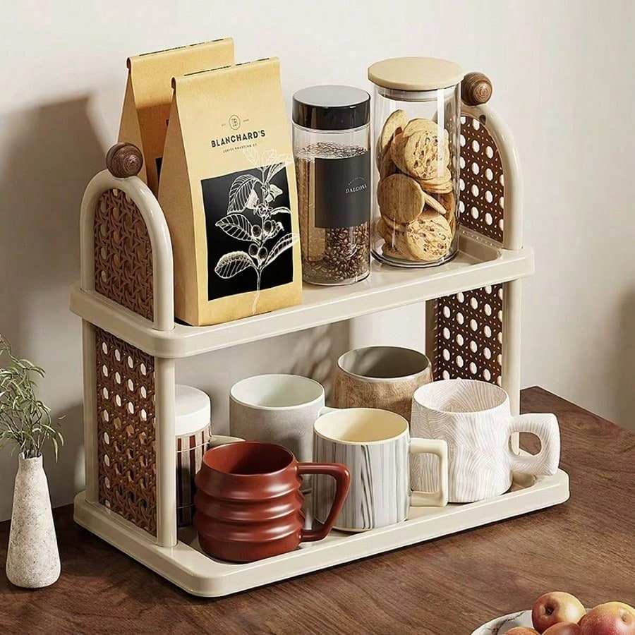 14.01 x 13.18 Inch Double Cup Holder Desktop Storage Rack, Large Capacity Organizer Shelf with Retro Design for Office and Home