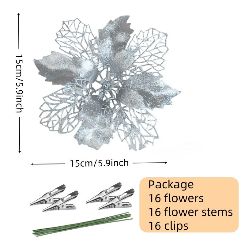 16-Piece 5.9 in Red Glitter Poinsettia Flowers, Clip-On Artificial Christmas Tree Ornaments, Floral Decor for Garland and Home