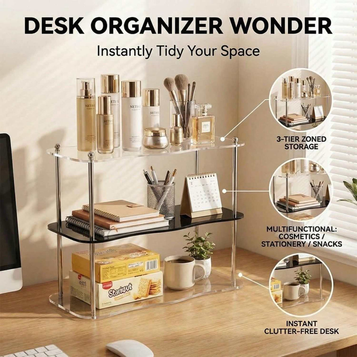 3-Tier Acrylic Storage Rack with Metal Frame, Transparent Desktop Organizer Shelf for Bathroom Cosmetics, Living Room Decor and Home Storage