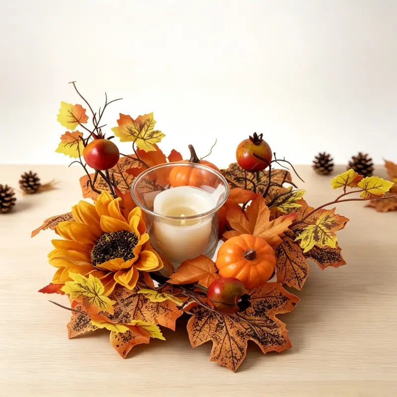 3-Piece Fall Candle Ring Set, Maple Leaf, Sunflower and Pumpkin Wreaths, Berry Leaf Pillar Candle Holders, Table Decor