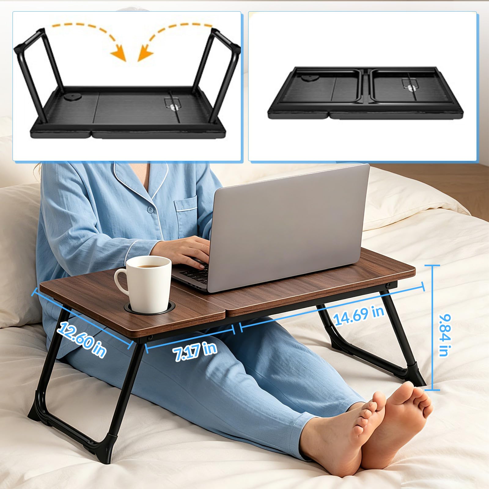 AEELLEEA Laptop Desk for Bed & Couch with Cup Holder, Foldable Lap Desk for Working, Breakfast Tray & Movie Watching, Portable Bed Table for Home Office & Sofa Use