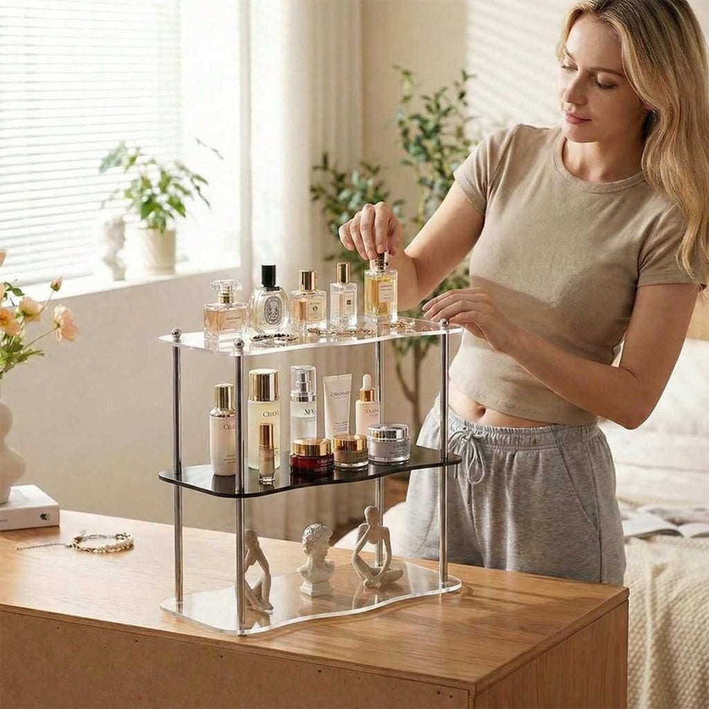 3-Tier Acrylic Storage Rack with Metal Frame, Transparent Desktop Organizer Shelf for Bathroom Cosmetics, Living Room Decor and Home Storage