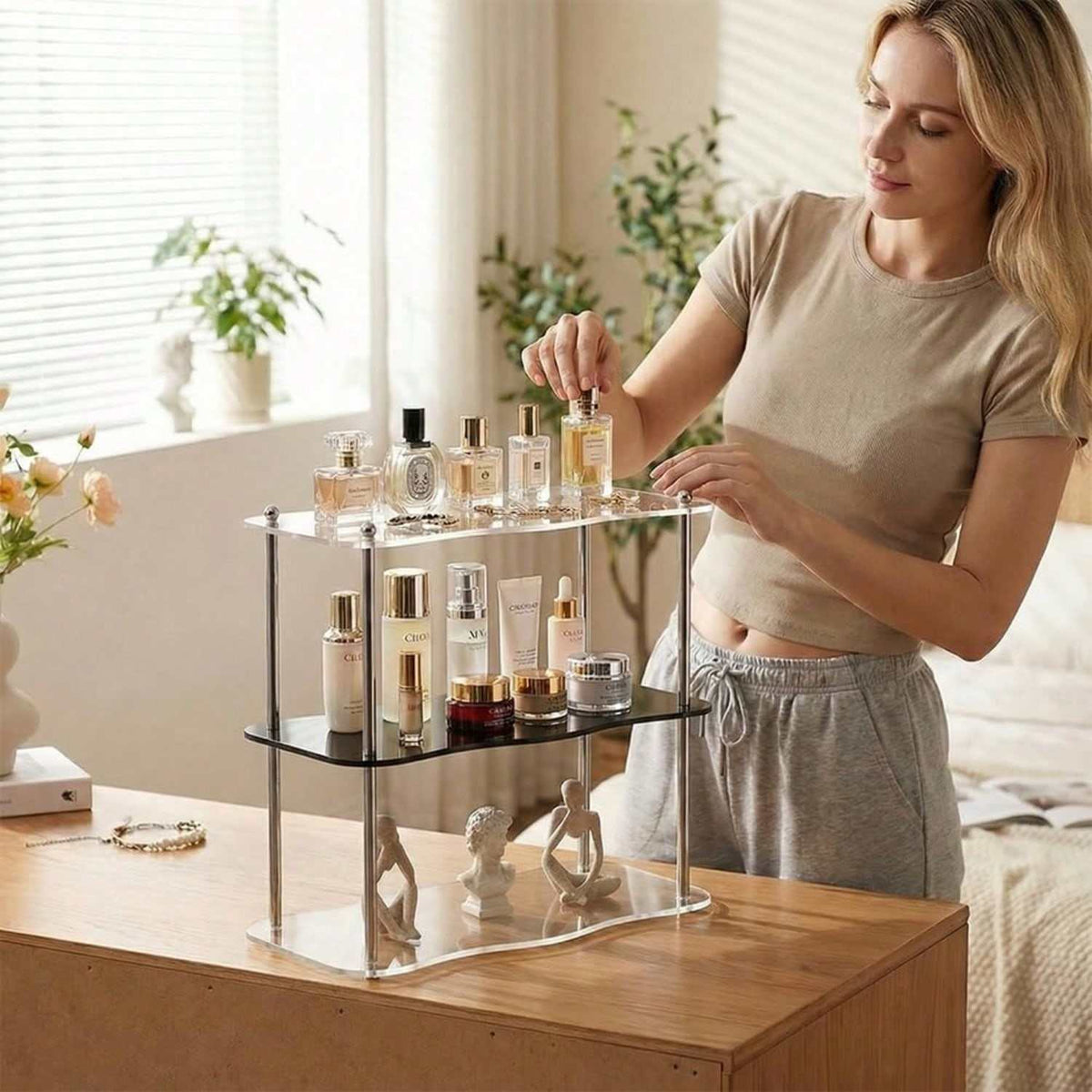 3-Tier Acrylic Storage Rack with Metal Frame, Transparent Desktop Organizer Shelf for Bathroom Cosmetics, Living Room Decor and Home Storage