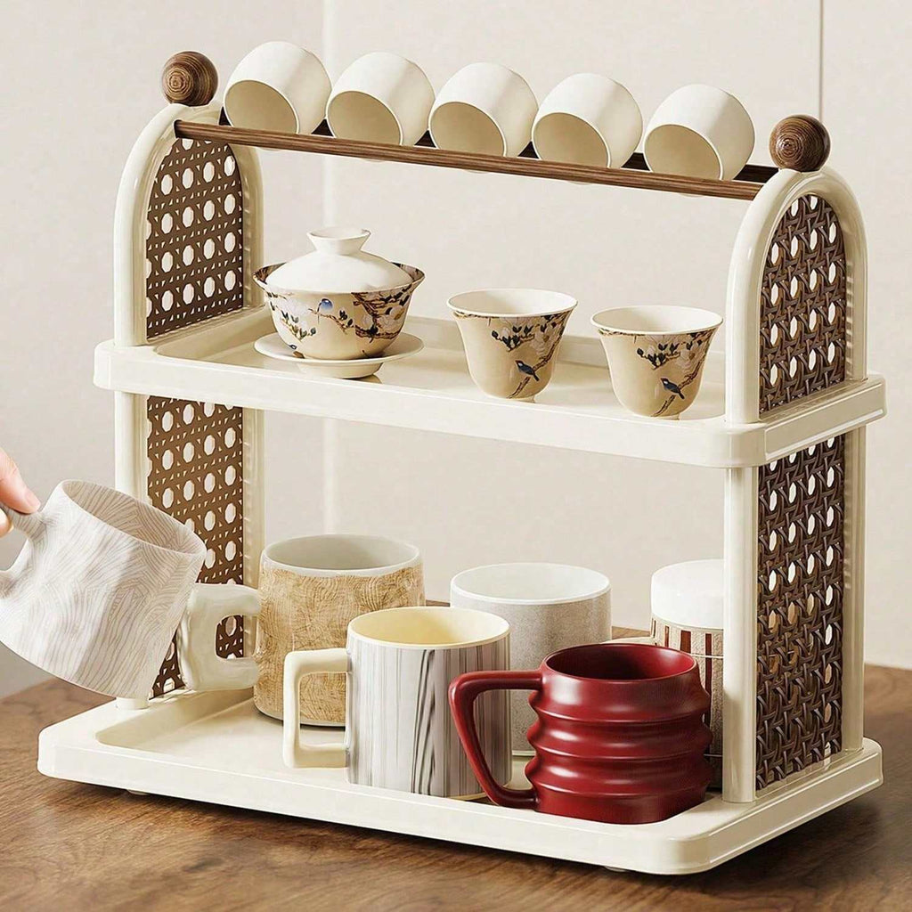 14.01 x 13.18 Inch Double Cup Holder Desktop Storage Rack, Large Capacity Organizer Shelf with Retro Design for Office and Home