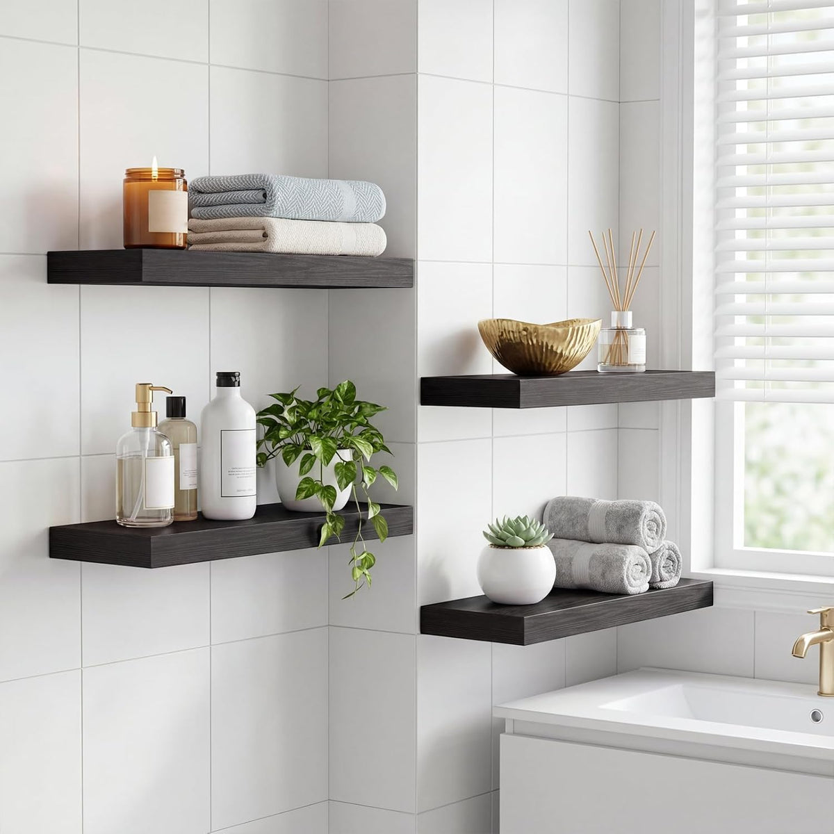 4-Pack 15.8-Inch Floating Wall Shelves, Black Embossed Wood Grain MDF Boards with Iron Brackets for Home Décor and Display