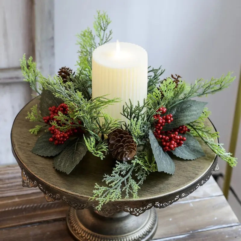 Christmas Candle Ring Wreath Set, Berry and Pine Branch Candle Holders, 2.95 in Inner Diameter Decorative Centerpieces for Table, Mantel and Wall Decor