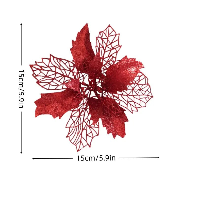 16-Piece 5.9 in Red Glitter Poinsettia Flowers, Clip-On Artificial Christmas Tree Ornaments, Floral Decor for Garland and Home