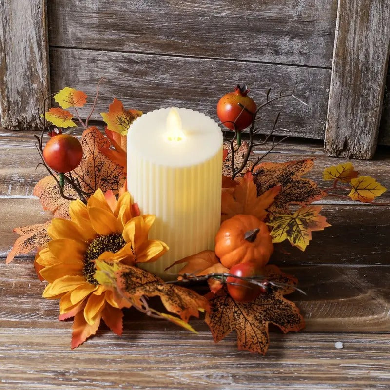 3-Piece Fall Candle Ring Set, Maple Leaf, Sunflower and Pumpkin Wreaths, Berry Leaf Pillar Candle Holders, Table Decor